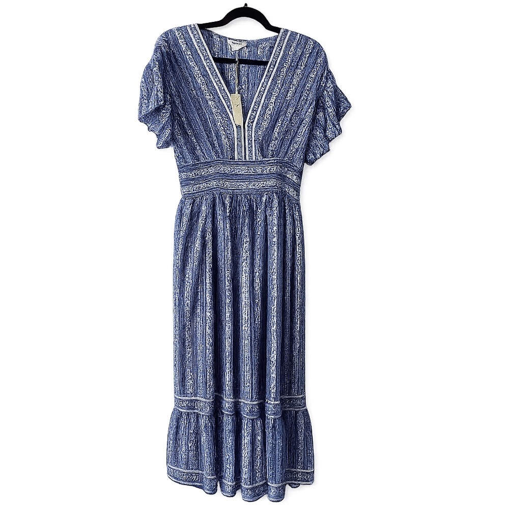 Max Studio Blue Patterned V-Neck Maxi Dress NWT size M Boho style